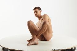 Nude Man White Sitting poses - simple Muscular Short Brown Sitting poses - ALL Realistic